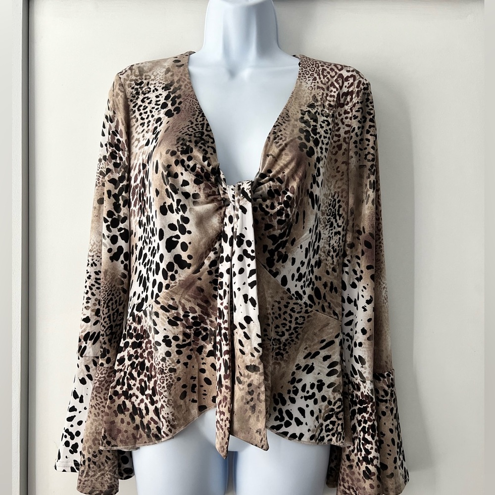 Leopard print, v-neck blouse with flare sleeves